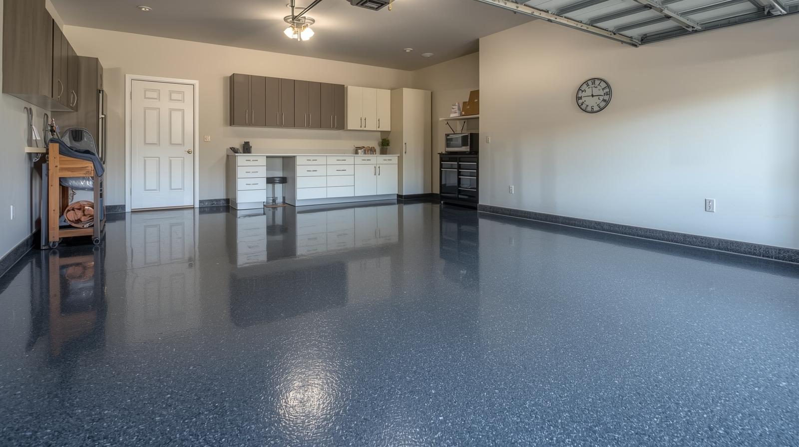 Clean garage with glossy epoxy speckled floor