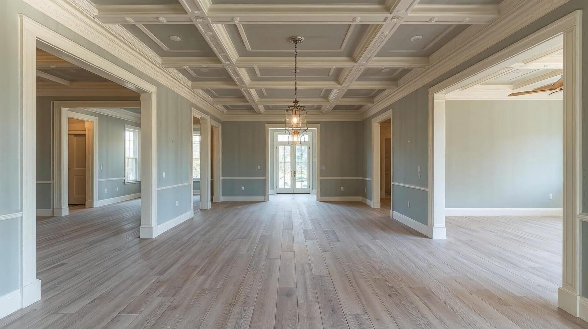 Spacious empty interior with coffered ceiling