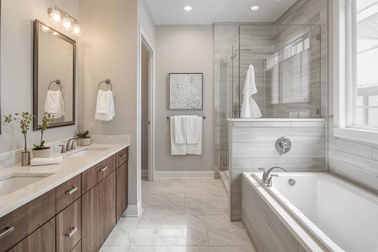 Modern bathroom with double vanity and bathtub