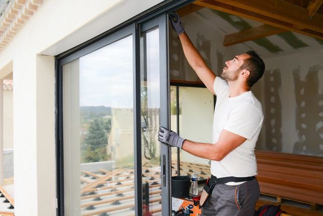 Worker installing sliding glass patio door