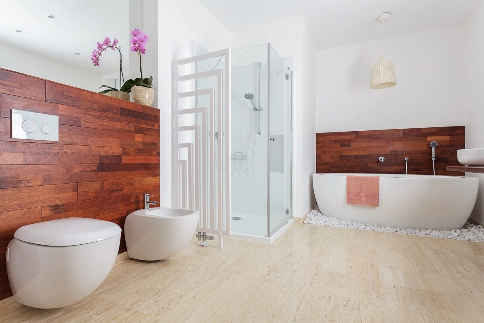 Modern bathroom with freestanding tub and shower