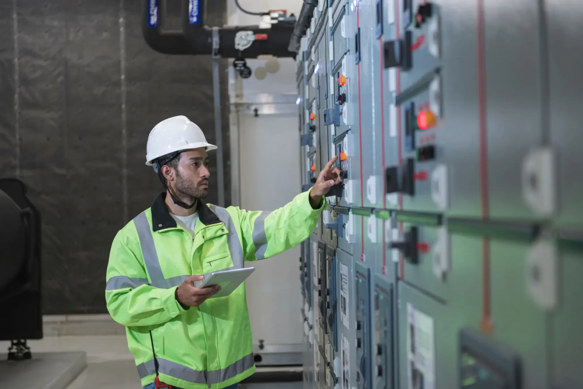 Technician in hard hat inspecting electrical control panel