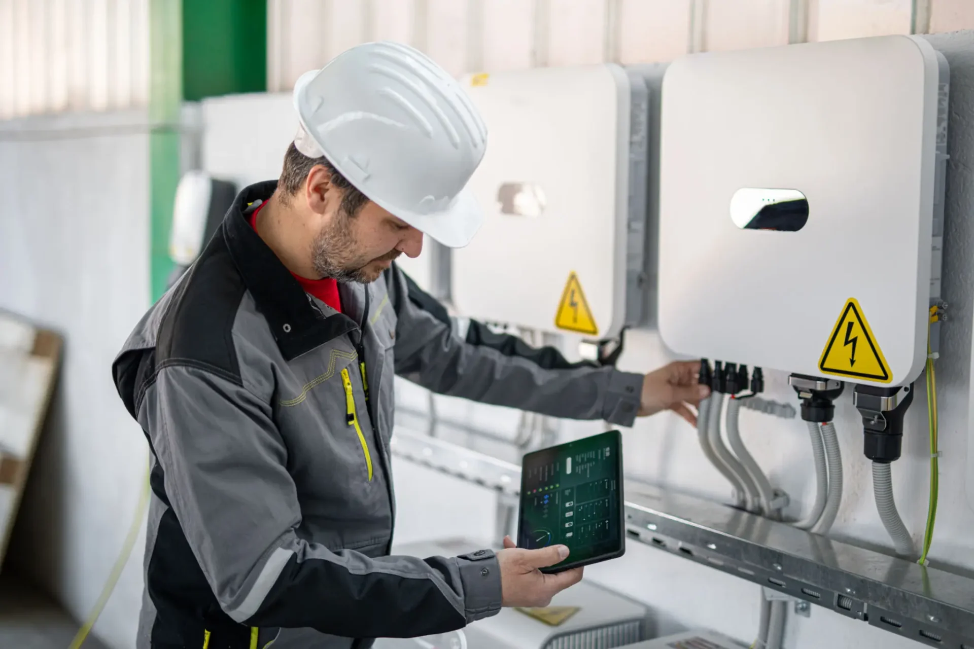 Technician inspects solar inverter system with tablet