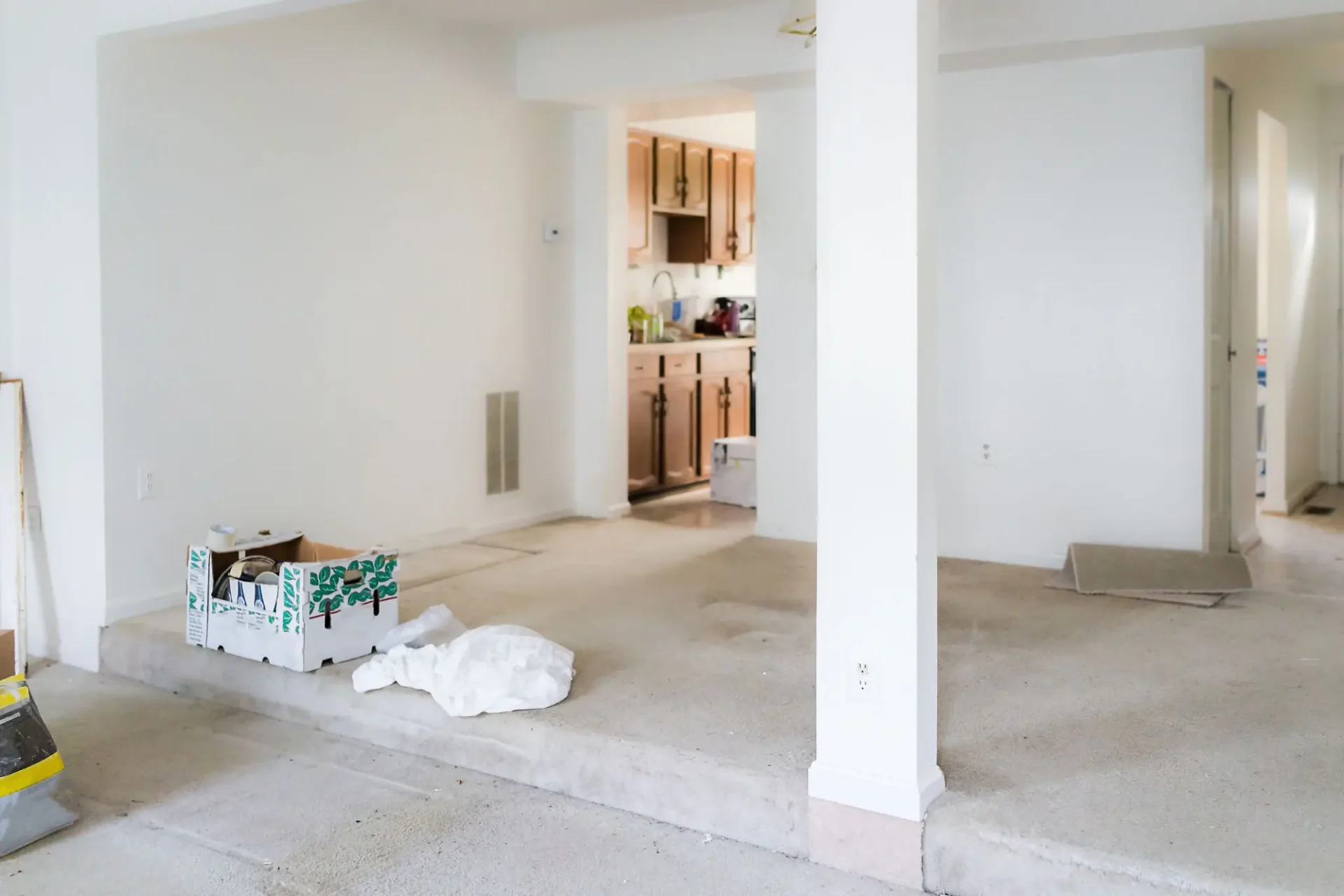 Sunken living area with kitchen view