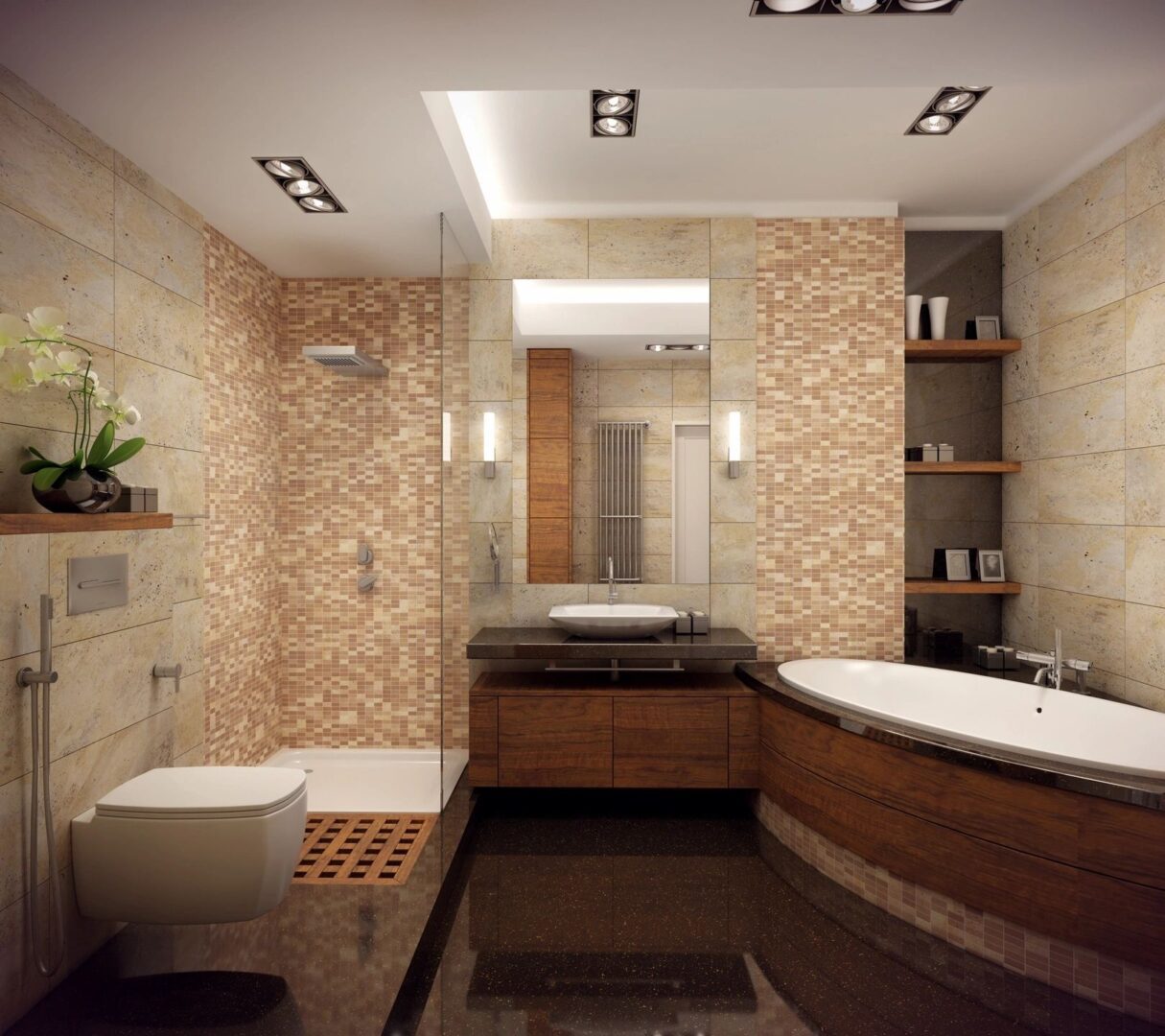 Luxury bathroom with mosaic tile shower and tub